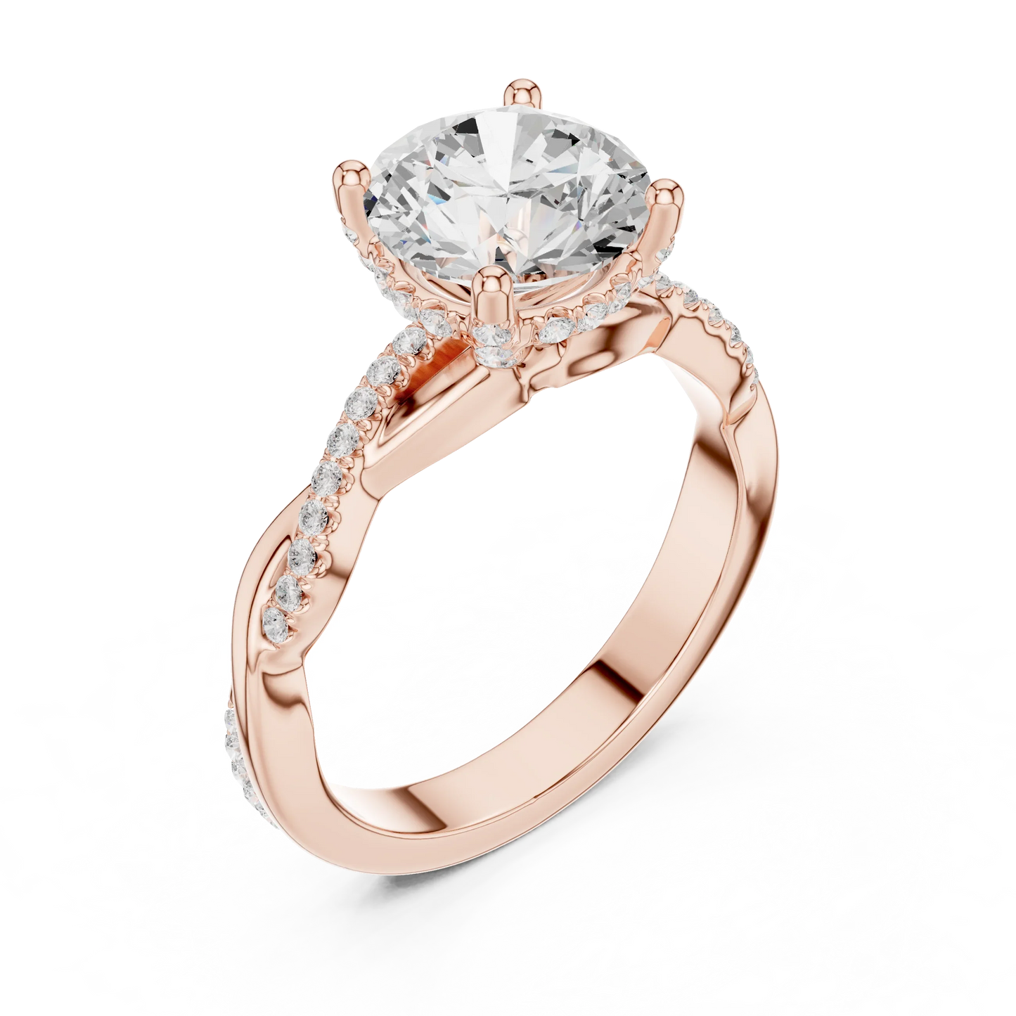 Front view of rose gold round diamond ring with twisted vine pave band and lab-grown diamond – Australia