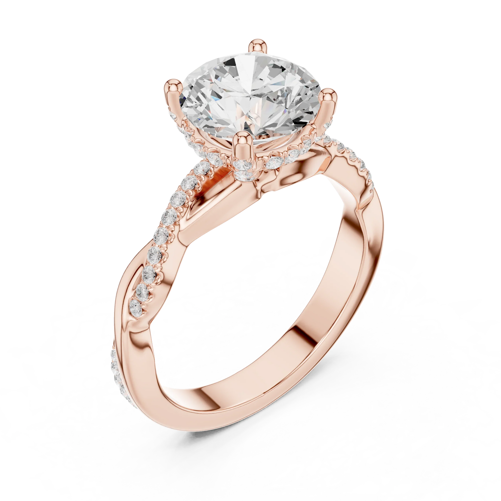 Front view of rose gold round diamond ring with twisted vine pave band and lab-grown diamond – Australia