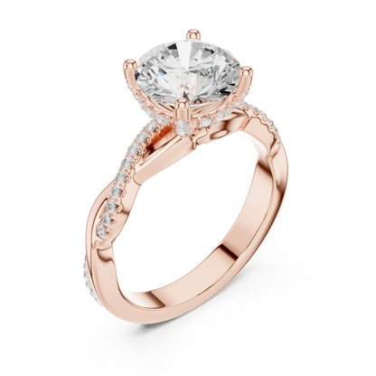Front view of rose gold round diamond ring with twisted vine pave band and lab-grown diamond – Australia