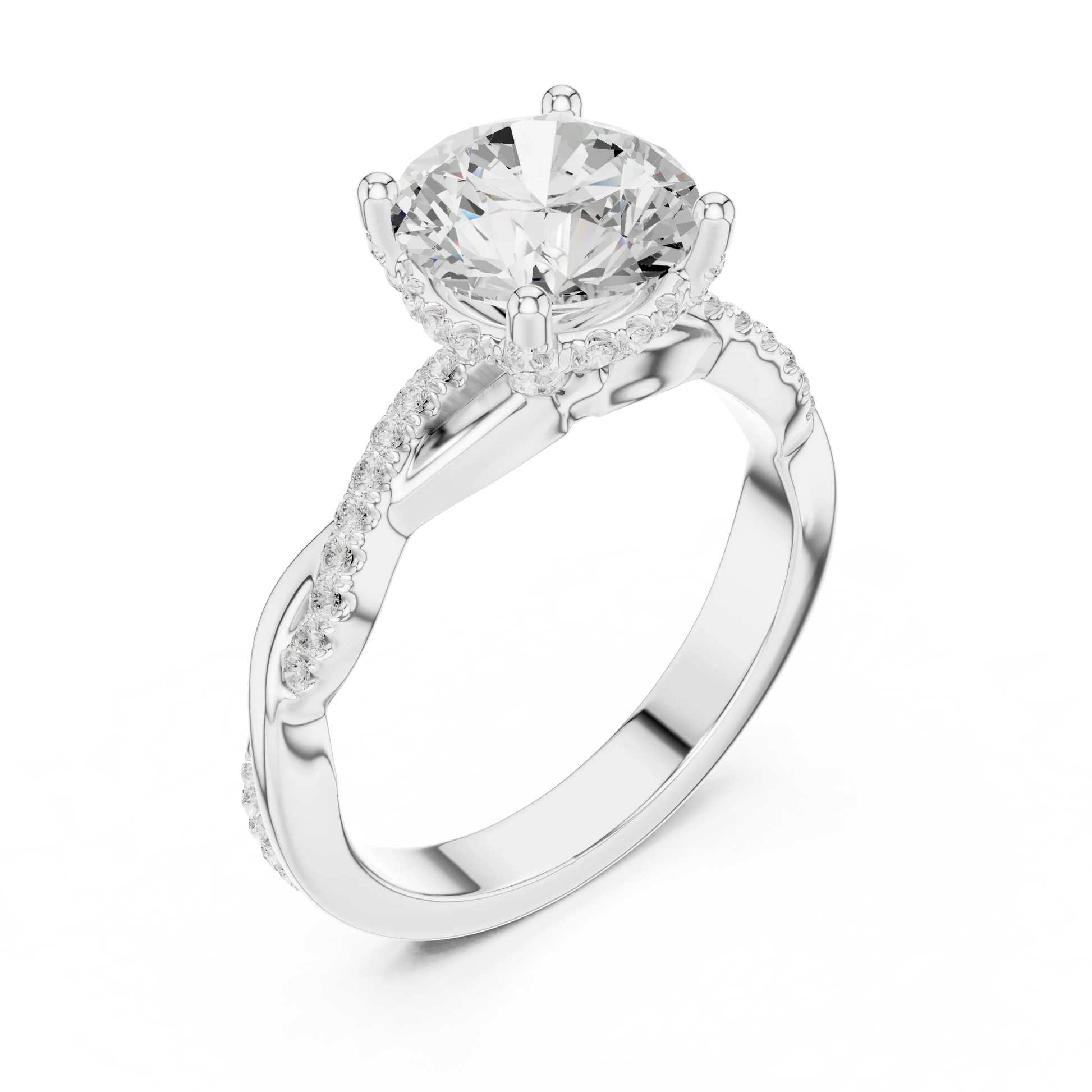 Front view of white gold round diamond ring with twisted vine pave band and lab-grown diamond – Australia
