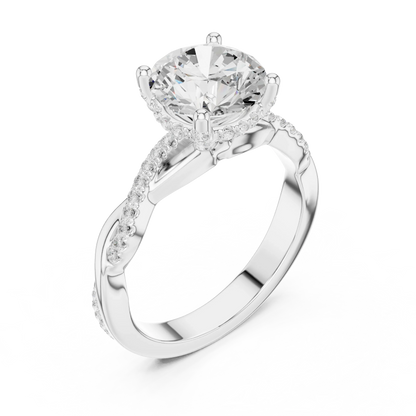 Front view of white gold round diamond ring with twisted vine pave band and lab-grown diamond – Australia