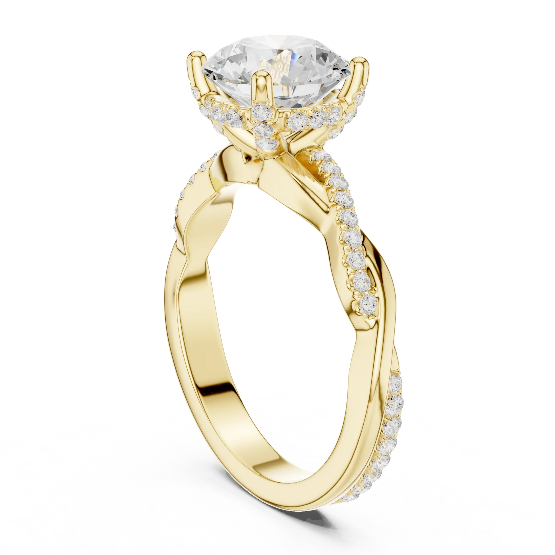 Back view of yellow gold round diamond ring with twisted vine pave band and lab-grown diamond – Australia