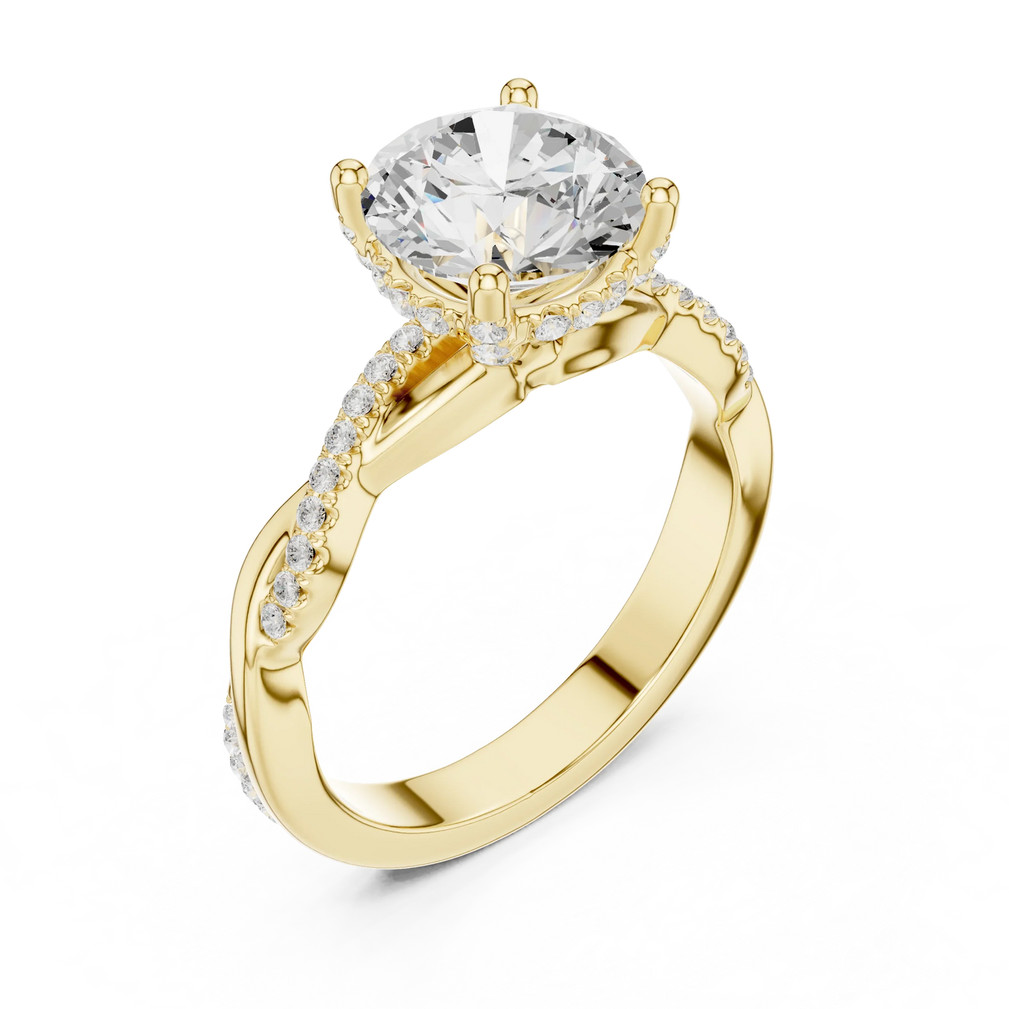 Front view of yellow gold round diamond ring with twisted vine pave band and lab-grown diamond – Australia