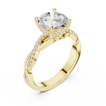 Front view of yellow gold round diamond ring with twisted vine pave band and lab-grown diamond – Australia