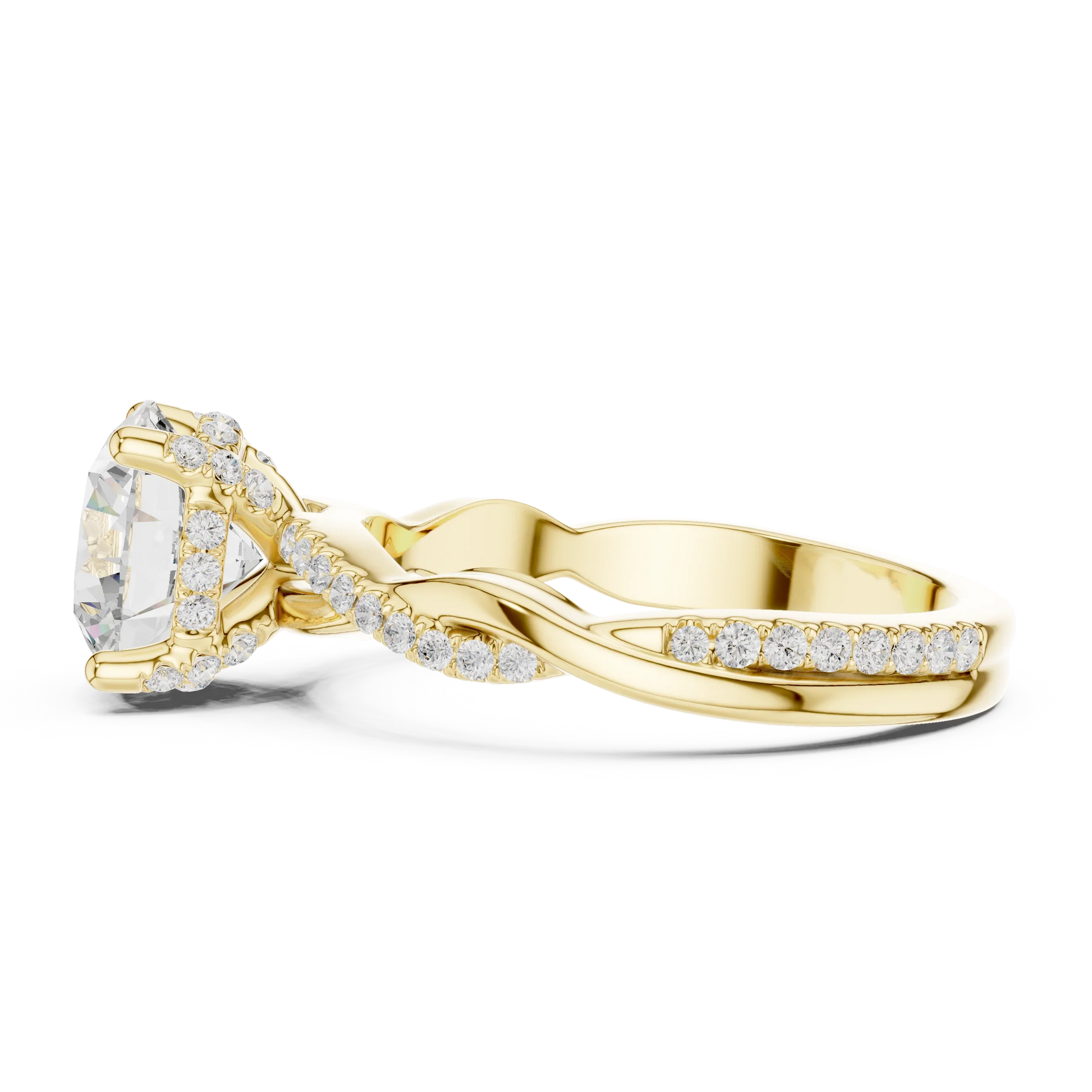 Side view of yellow gold round diamond ring with twisted vine pave band and lab-grown diamond – Australia
