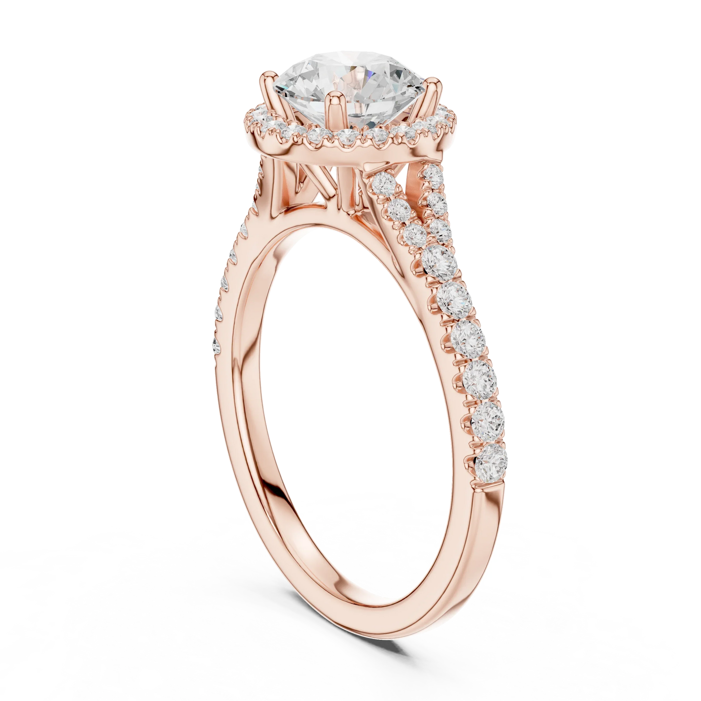 Back side view of rose gold round halo ring showing pav茅 split shank band and setting details