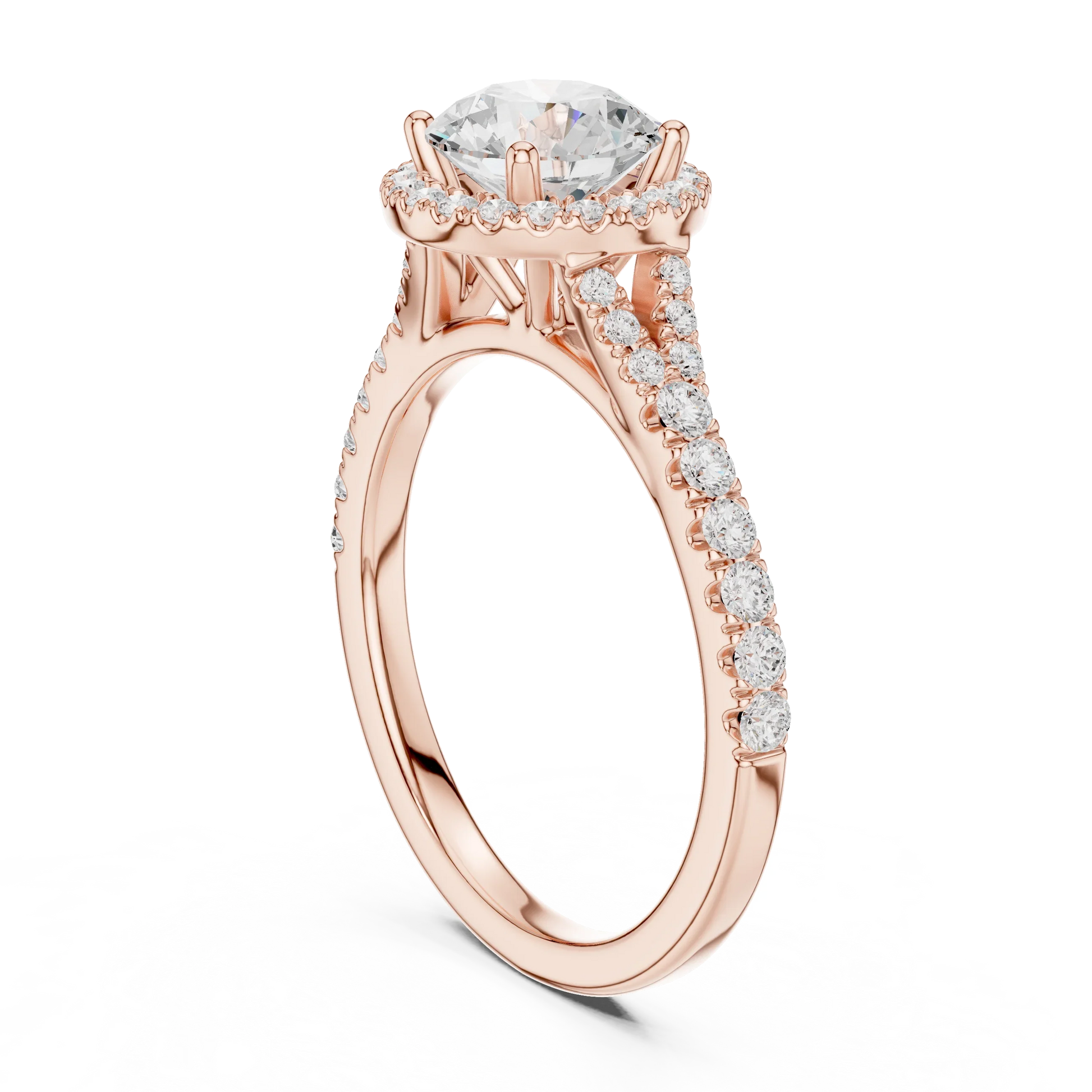 Back side view of rose gold round halo ring showing pav茅 split shank band and setting details