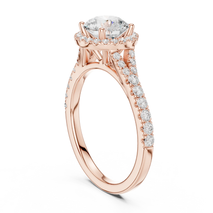 Back side view of rose gold round halo ring showing pav茅 split shank band and setting details