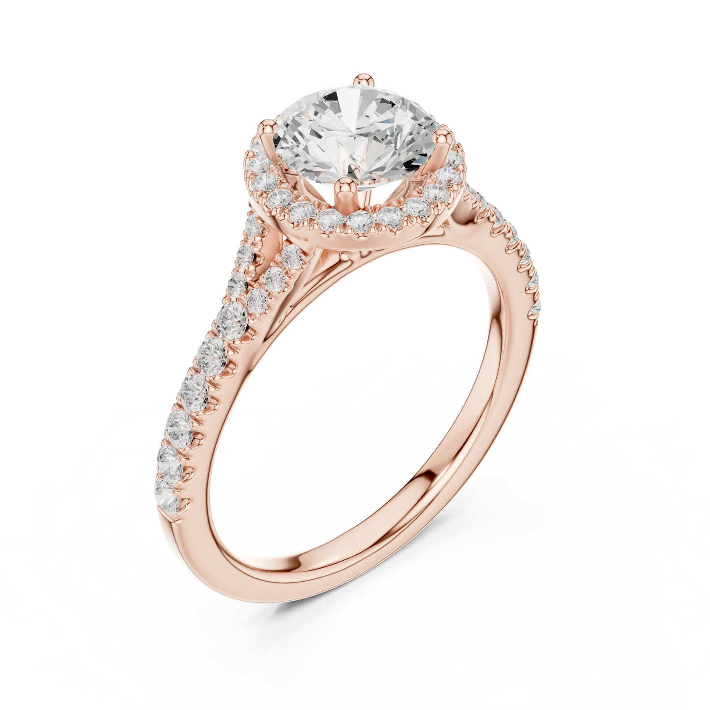 Front view of rose gold round halo ring with pav茅 split shank band and center diamond