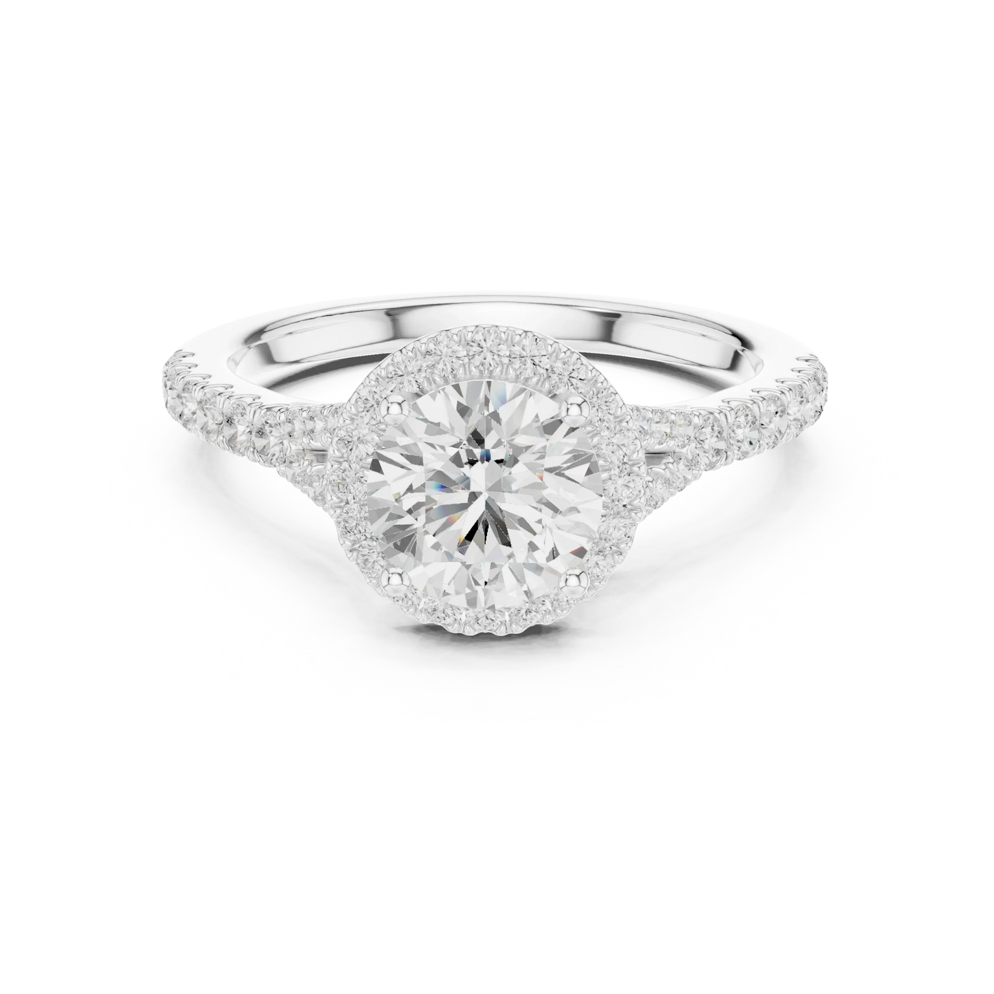 Lab-grown round halo diamond ring in white gold with pav茅 split shank band