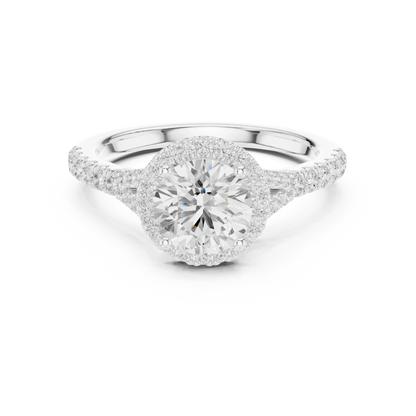 Lab-grown round halo diamond ring in white gold with pav茅 split shank band
