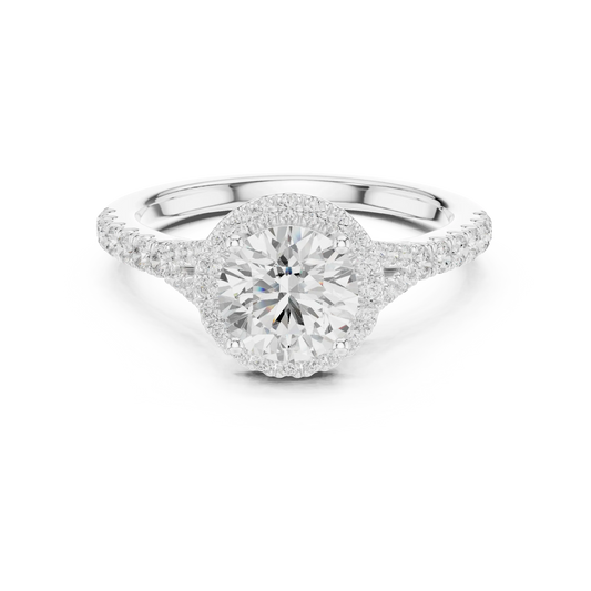 Lab-grown round halo diamond ring in white gold with pav茅 split shank band