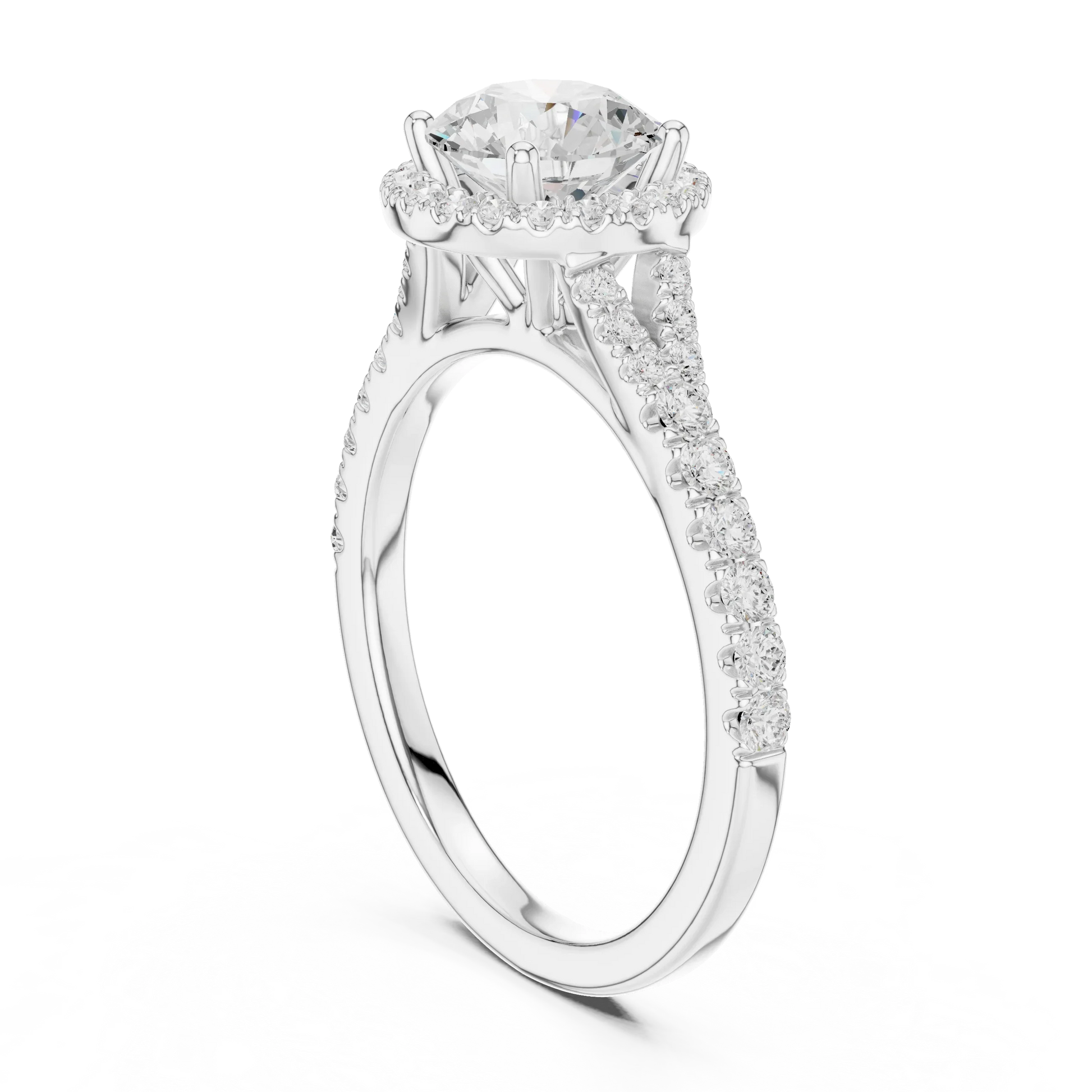 Back side view of white gold round halo ring showing pav茅 split shank band and setting details