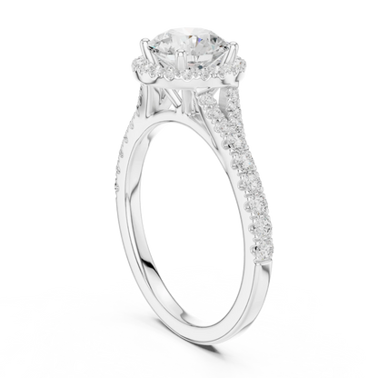 Back side view of white gold round halo ring showing pav茅 split shank band and setting details