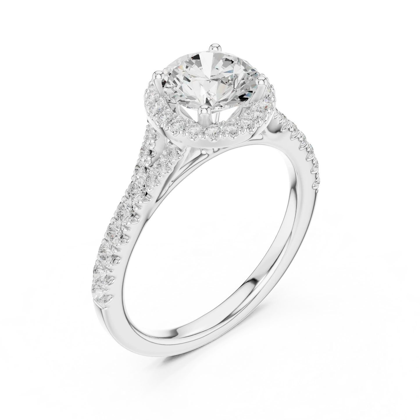 Front view of white gold round halo ring with pav茅 split shank band and center diamond