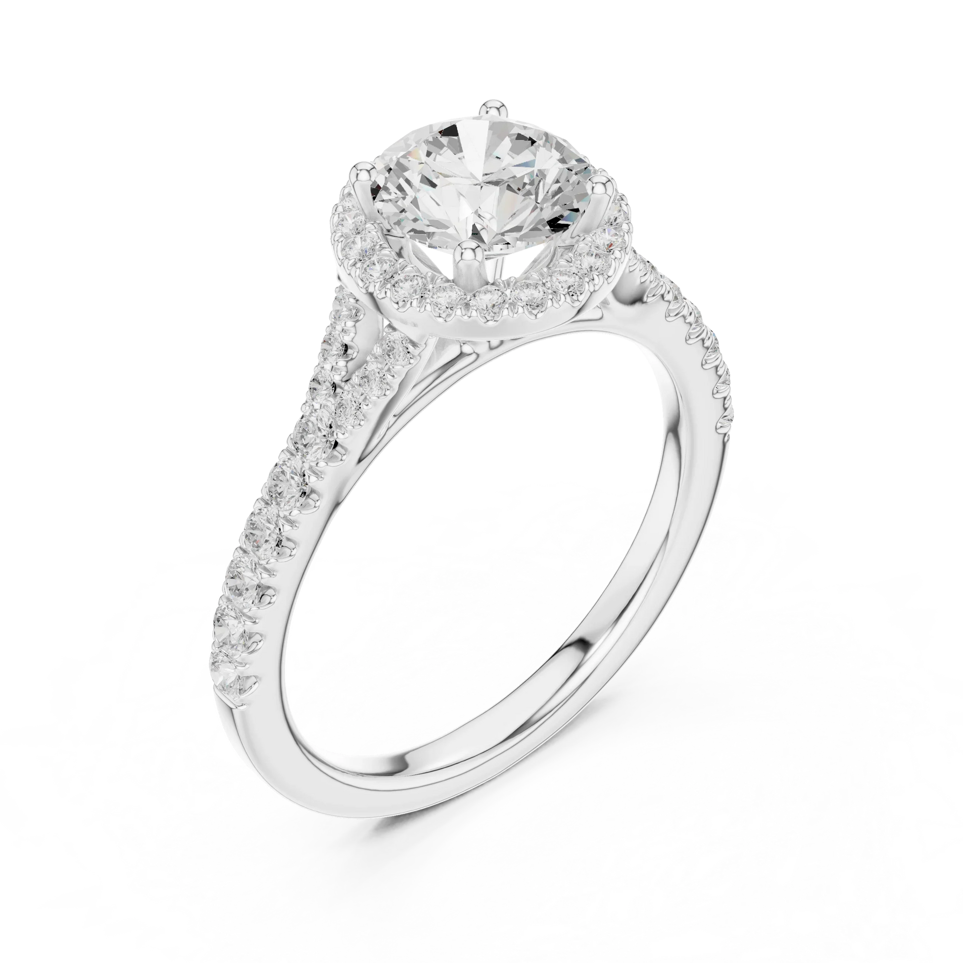 Front view of white gold round halo ring with pav茅 split shank band and center diamond