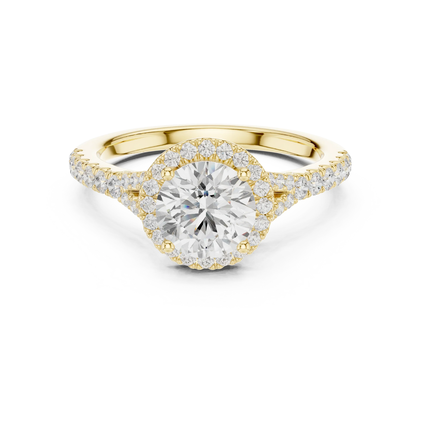 Lab-grown round halo diamond ring in yellow gold with pav茅 split shank band