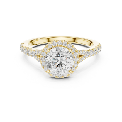 Lab-grown round halo diamond ring in yellow gold with pav茅 split shank band