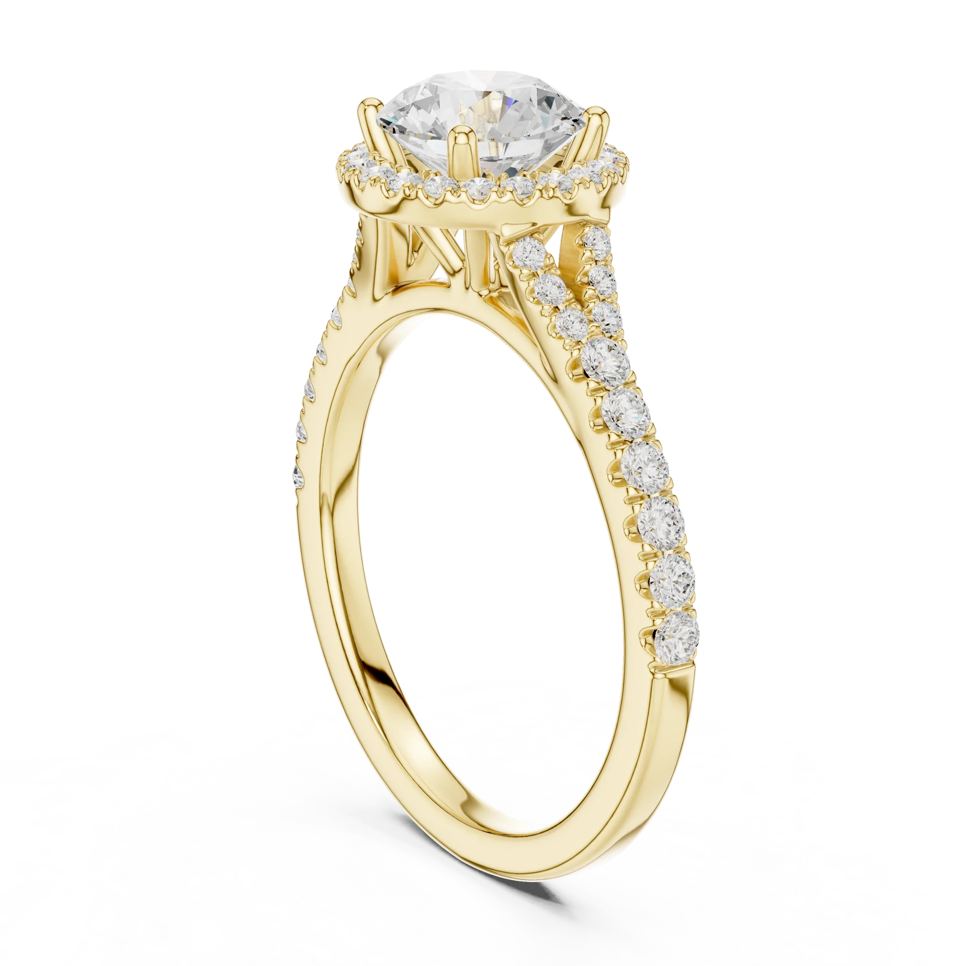 Back side view of yellow gold round halo ring showing pav茅 split shank band and setting structure