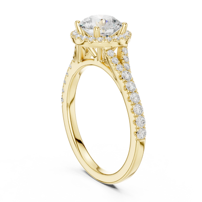 Back side view of yellow gold round halo ring showing pav茅 split shank band and setting structure