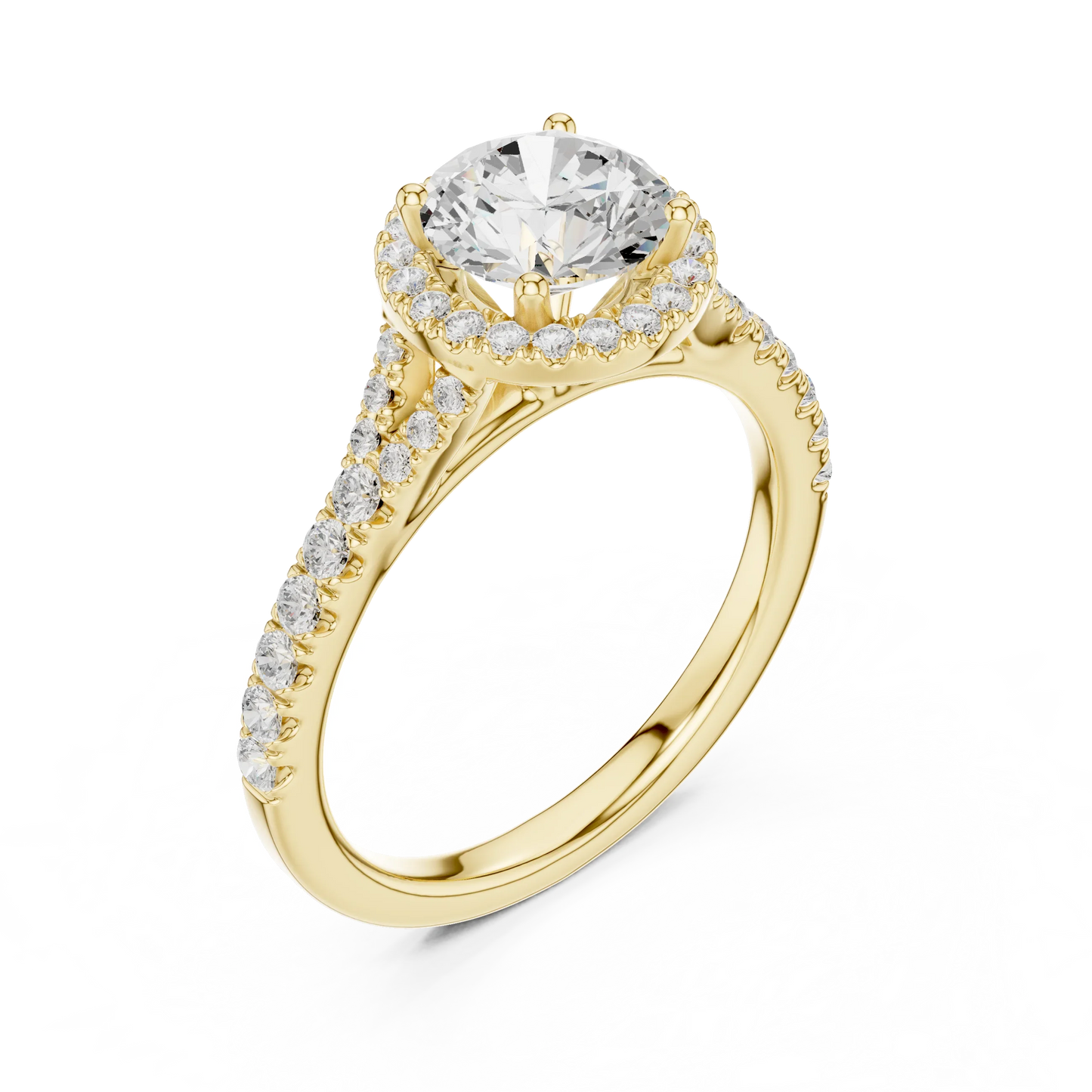 Front view of yellow gold round halo ring with pav茅 split shank band and center diamond