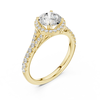 Front view of yellow gold round halo ring with pav茅 split shank band and center diamond