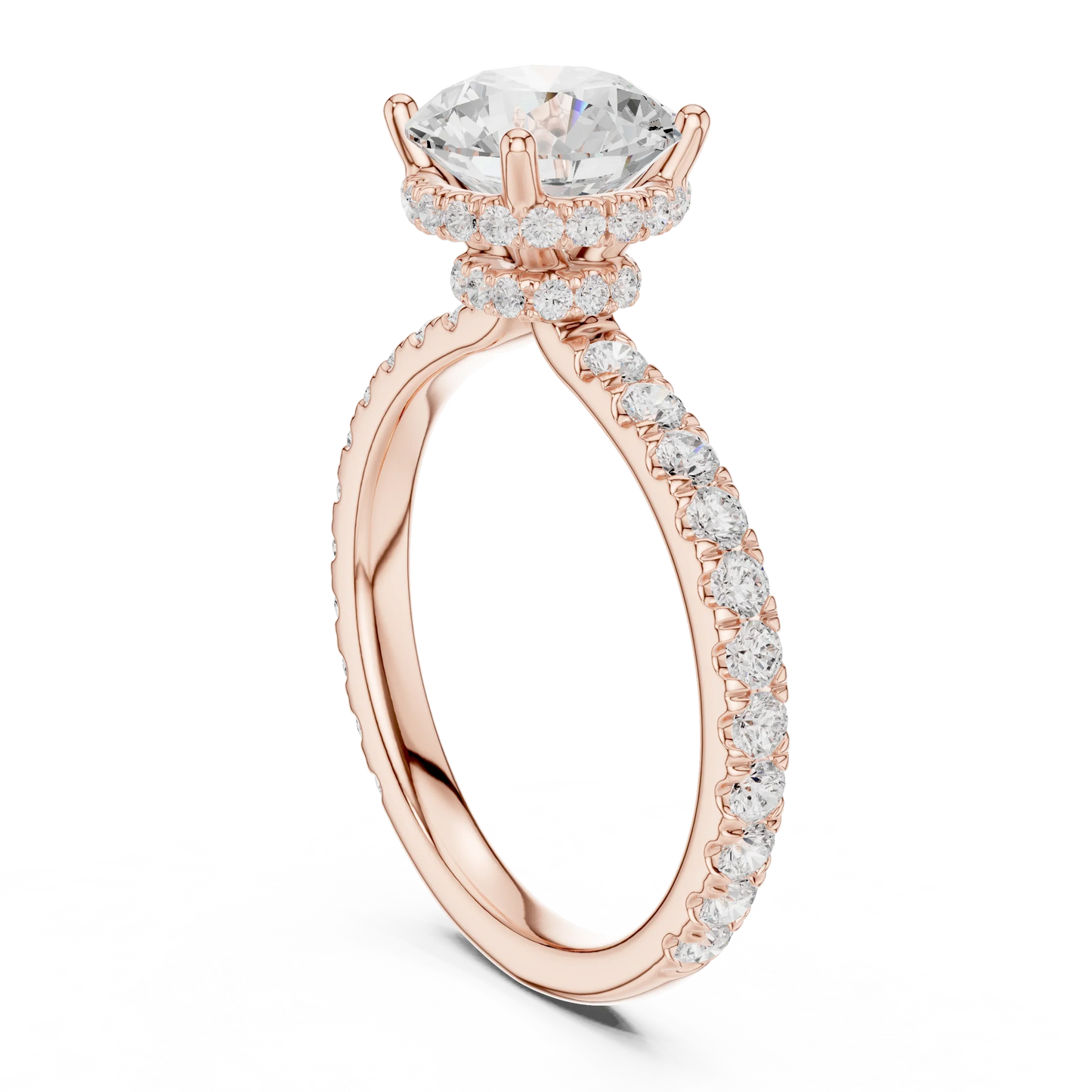 Back view of rose gold round hidden halo ring with pave diamond band and lab-grown diamond 鈥?Australia