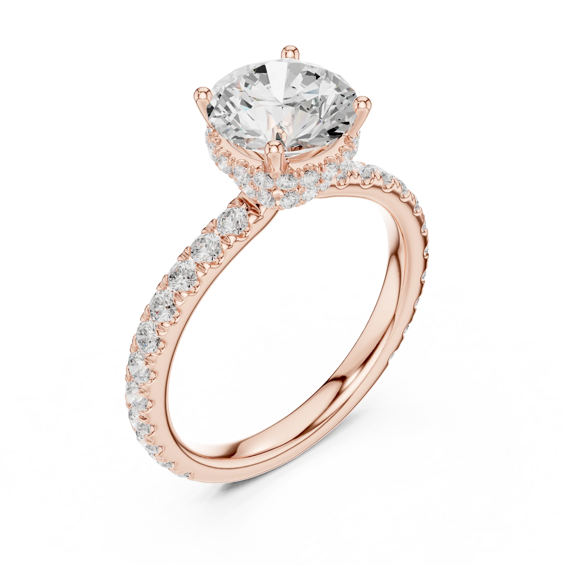Front view of rose gold round hidden halo ring with pave diamond band and lab-grown diamond 鈥?Australia