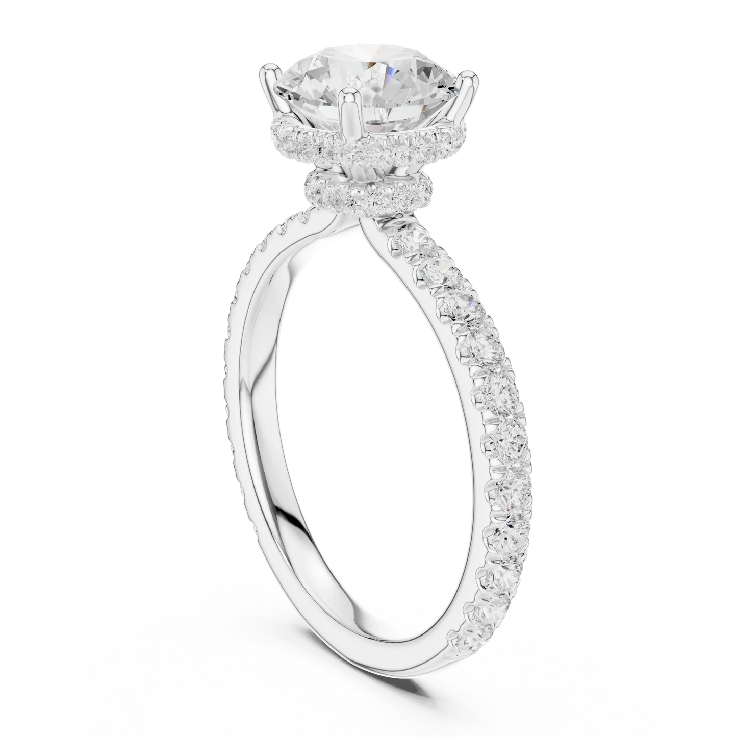 Back view of white gold round hidden halo ring with pave diamond band and lab-grown diamond 鈥?Australia