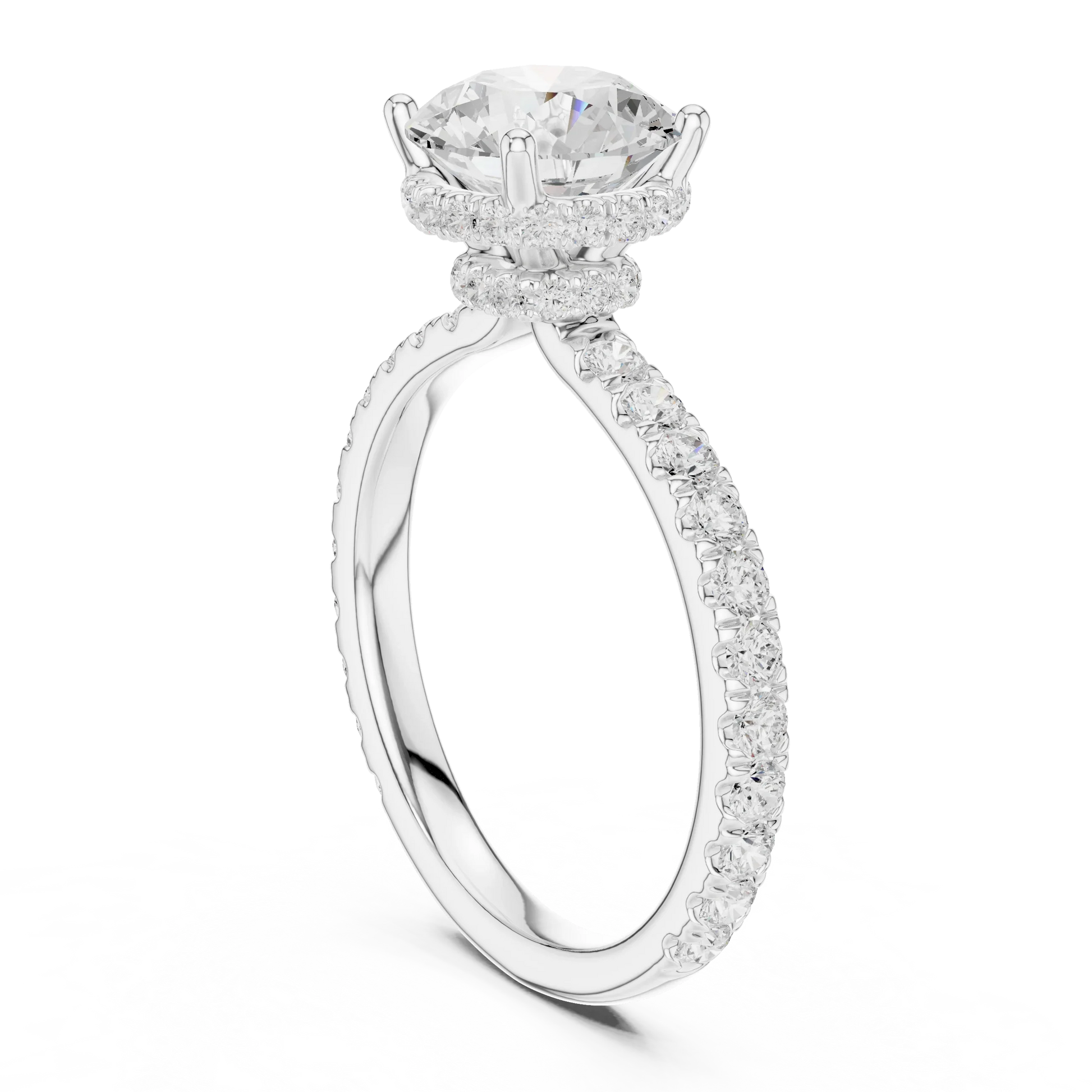 Back view of white gold round hidden halo ring with pave diamond band and lab-grown diamond 鈥?Australia