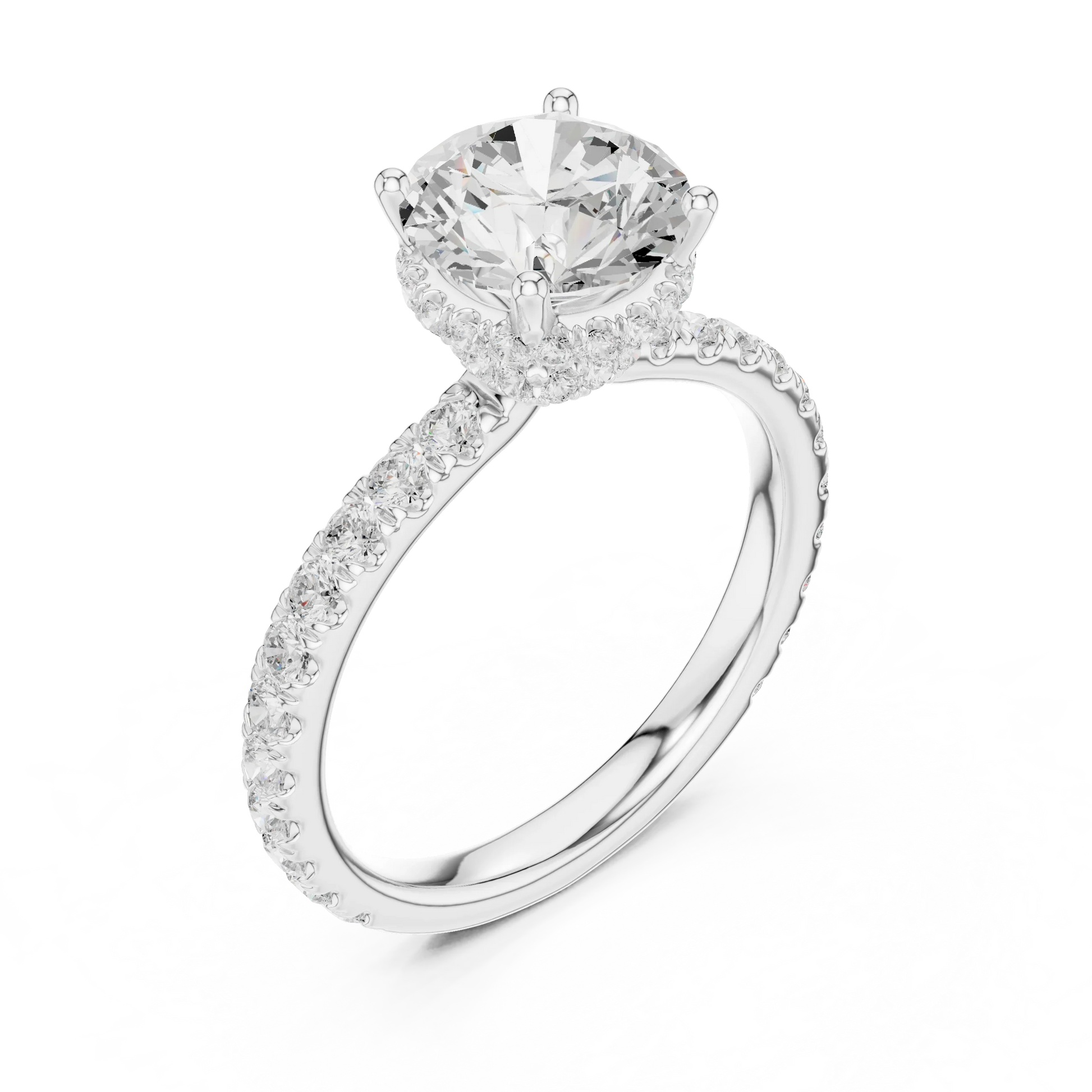 Front view of white gold round hidden halo ring with pave diamond band and lab-grown diamond 鈥?Australia
