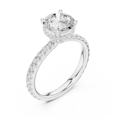 Front view of white gold round hidden halo ring with pave diamond band and lab-grown diamond 鈥?Australia
