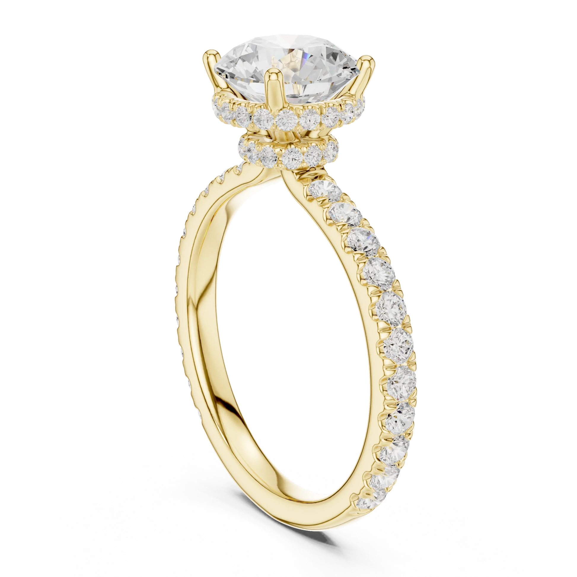 Back view of yellow gold round hidden halo ring with pave diamond band and lab-grown diamond 鈥?Australia