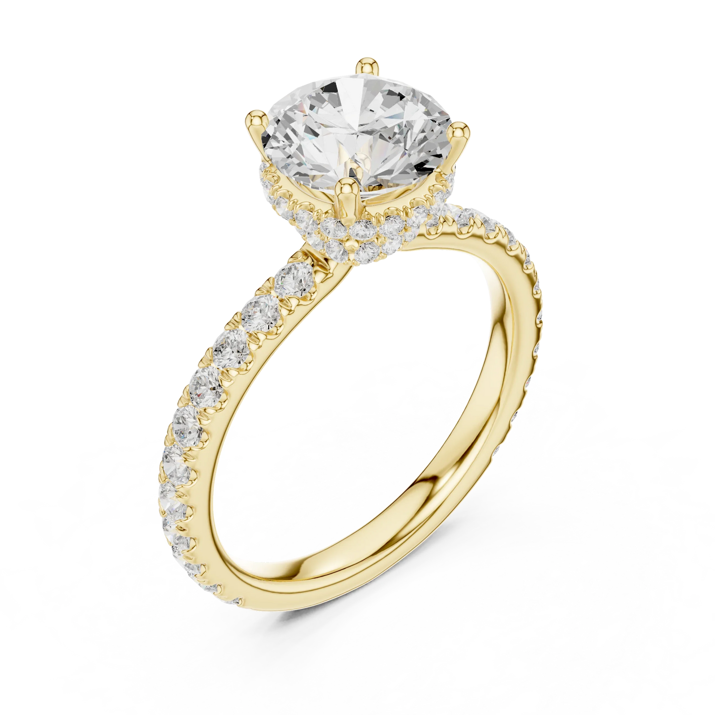 Front view of yellow gold round hidden halo ring with pave diamond band and lab-grown diamond 鈥?Australia
