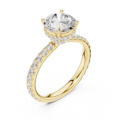 Front view of yellow gold round hidden halo ring with pave diamond band and lab-grown diamond 鈥?Australia