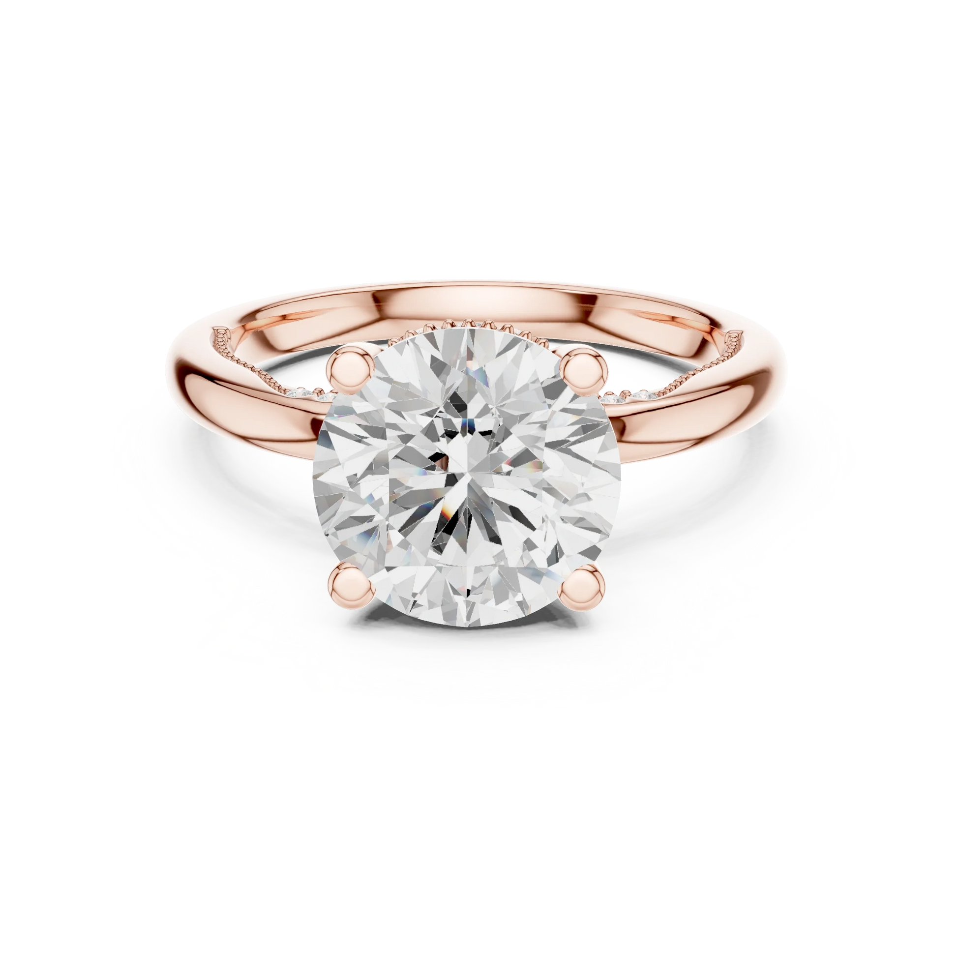 Rose gold round cut solitaire ring with hidden halo and domed band featuring lab-grown diamond, modern elegant design
