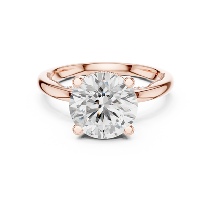 Rose gold round cut solitaire ring with hidden halo and domed band featuring lab-grown diamond, modern elegant design