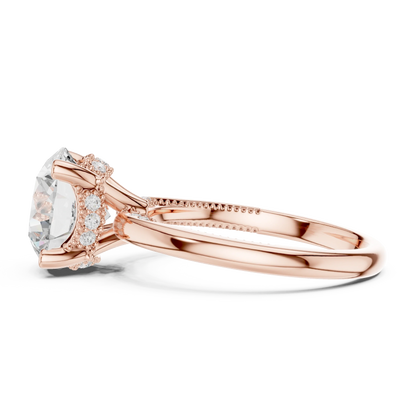 Side view of rose gold round cut solitaire ring highlighting hidden halo and domed band design
