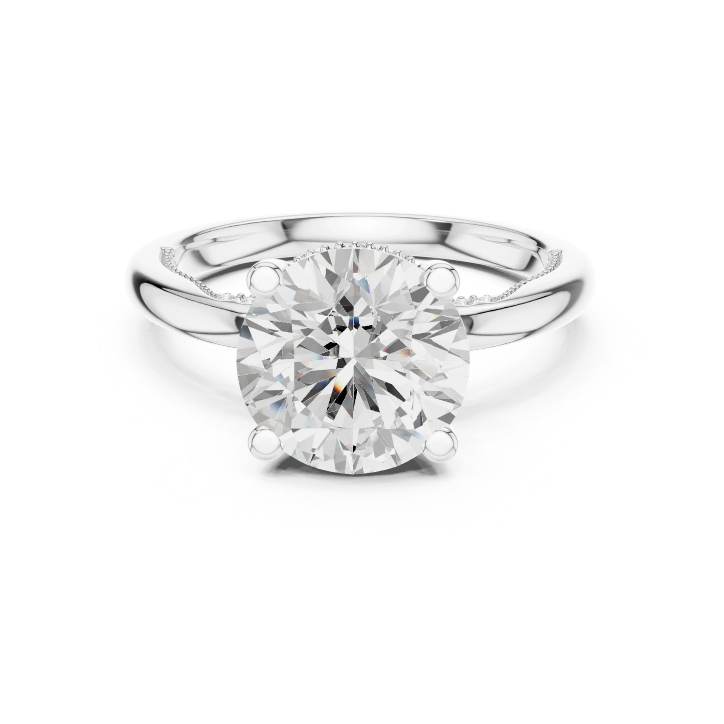 White gold round cut solitaire ring with hidden halo and domed band featuring lab-grown diamond, classic elegant design