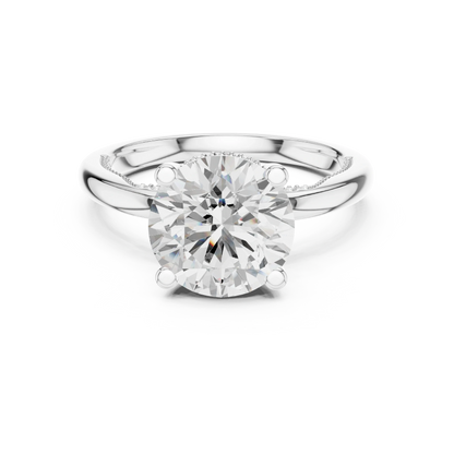 White gold round cut solitaire ring with hidden halo and domed band featuring lab-grown diamond, classic elegant design