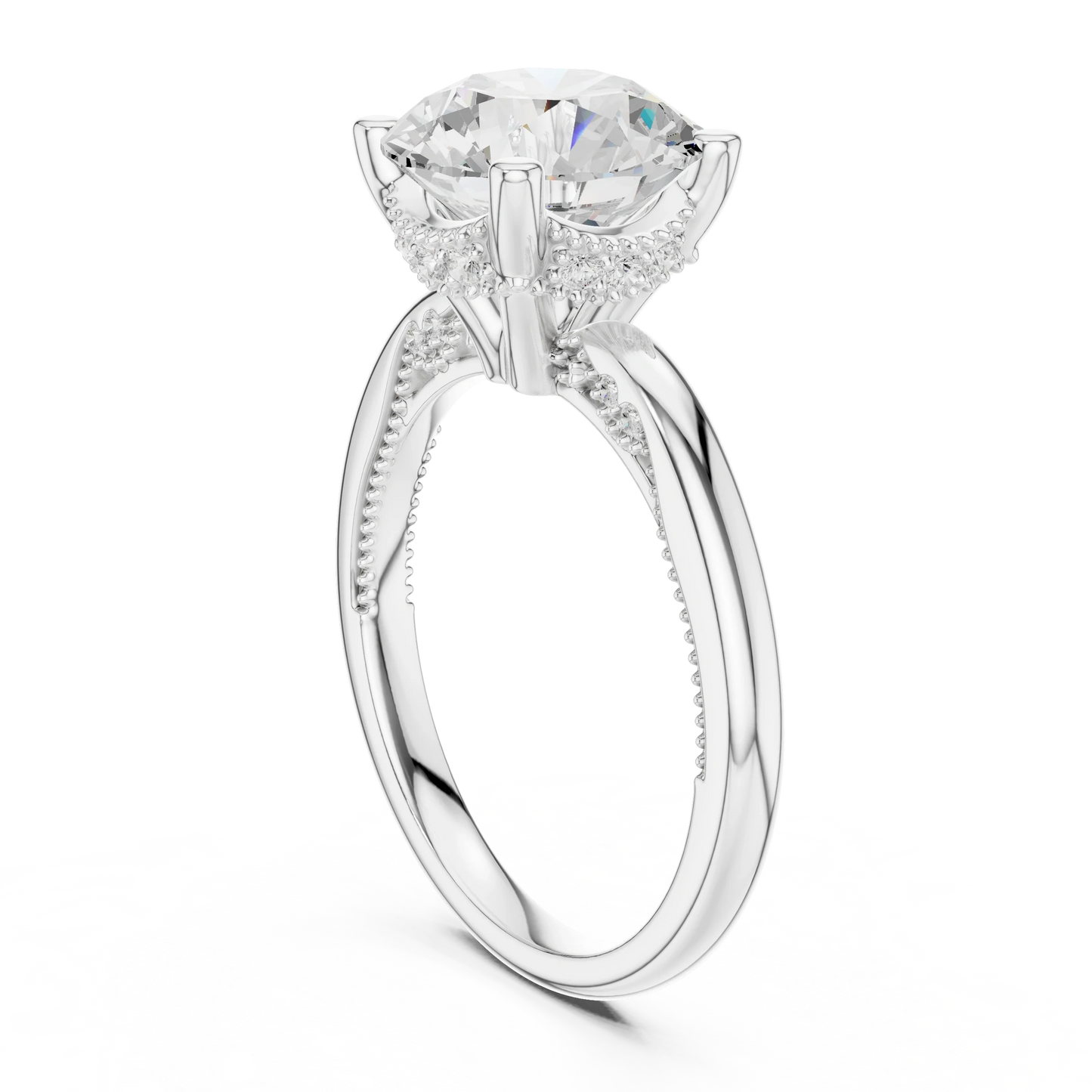 Back view of white gold round cut solitaire ring showing hidden halo and domed band details