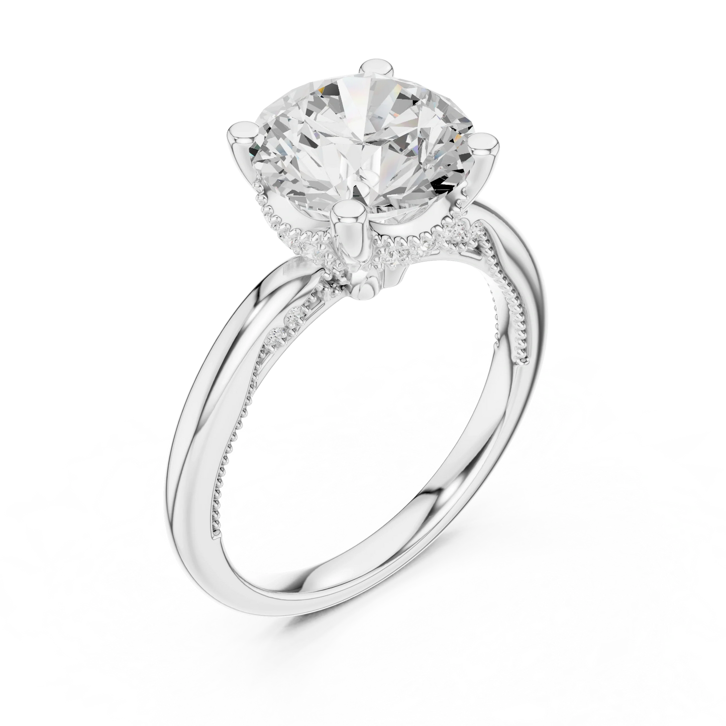 Front view of white gold round cut solitaire ring with hidden halo and domed band and lab-created diamond