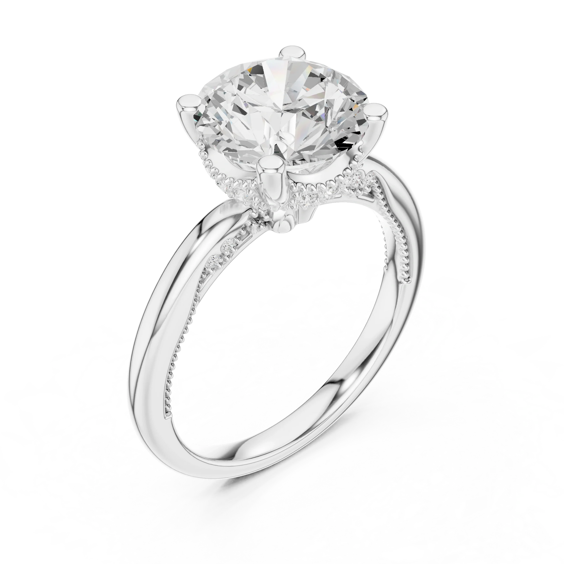 Front view of white gold round cut solitaire ring with hidden halo and domed band and lab-created diamond