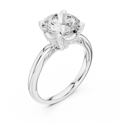 Front view of white gold round cut solitaire ring with hidden halo and domed band and lab-created diamond