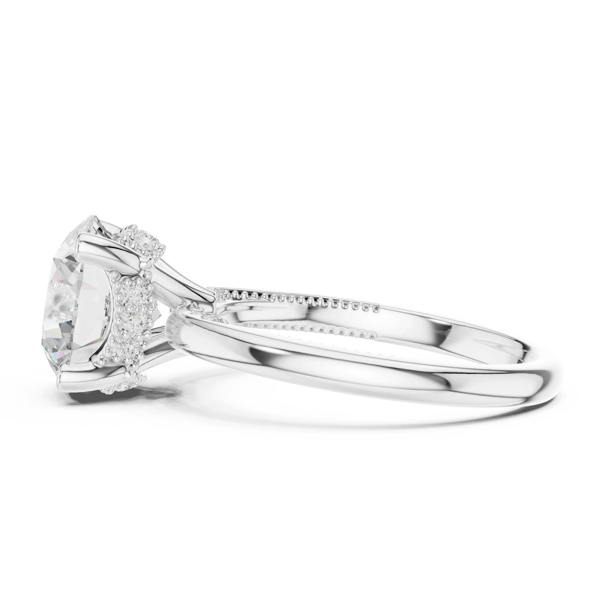 Side view of white gold round cut solitaire ring highlighting hidden halo and domed band design
