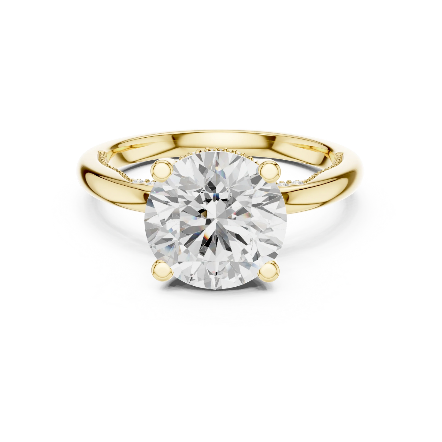 Yellow gold round cut solitaire ring with hidden halo and domed band featuring lab-grown diamond, classic style