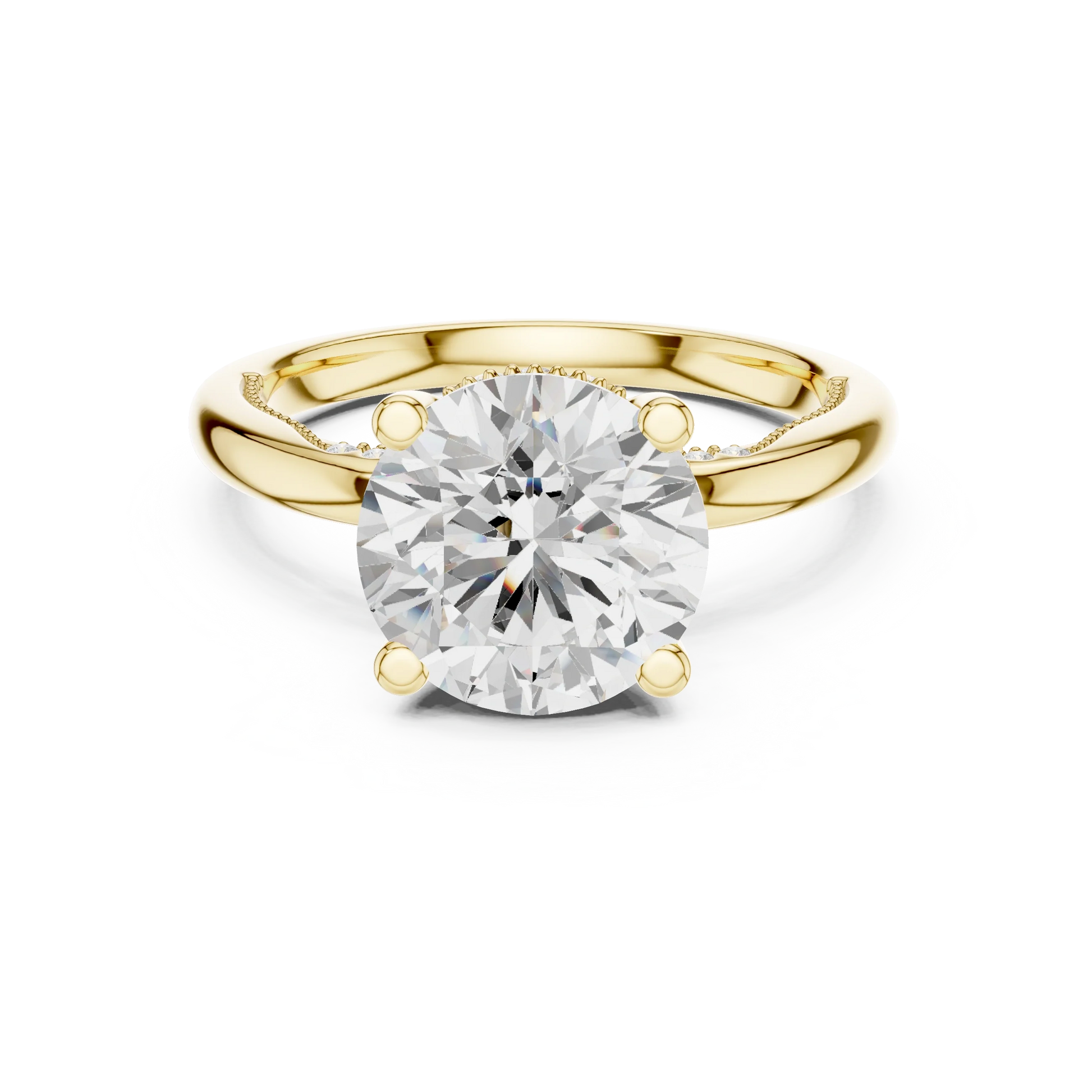 Yellow gold round cut solitaire ring with hidden halo and domed band featuring lab-grown diamond, classic style