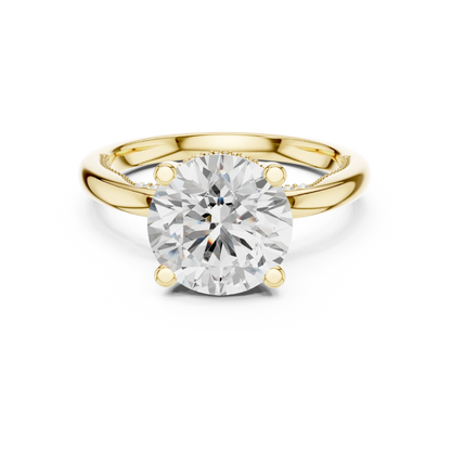 Yellow gold round cut solitaire ring with hidden halo and domed band featuring lab-grown diamond, classic style
