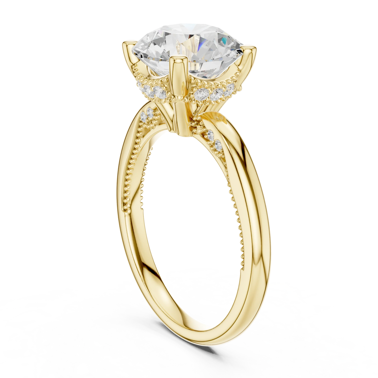 Back view of yellow gold round cut solitaire ring showing hidden halo and domed band details
