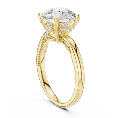 Back view of yellow gold round cut solitaire ring showing hidden halo and domed band details